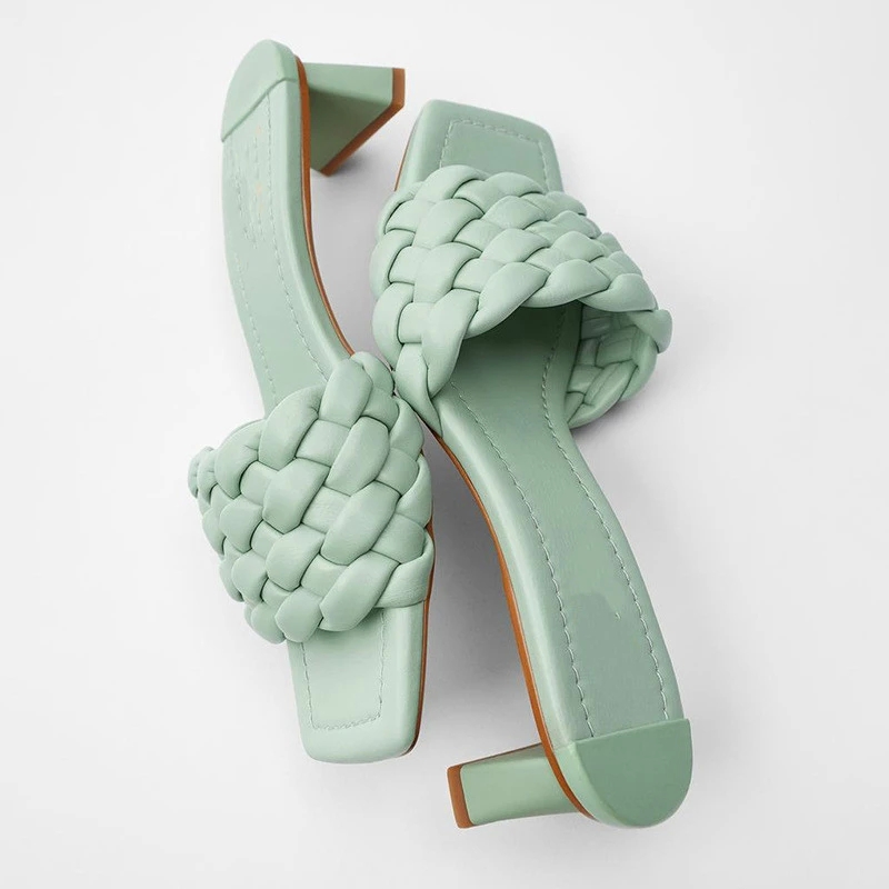 

2021 Summer New Woven Square Toe High-heeled Female Sandals Thick Heels Vintage Weave Shoes Cross Knit Woman Sandalias #pW4N, Green