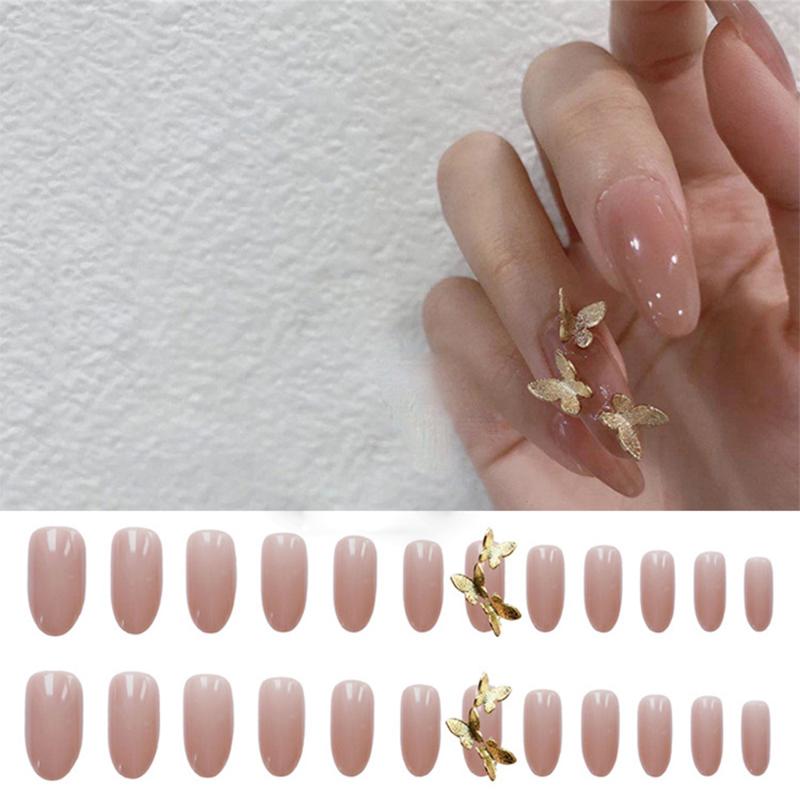 

24Pcs 3D Golden/White Butterfly Rhinestone Decoration False Nail Tips with Press Glue Fake Nails Long Design Full Cover Nail Art