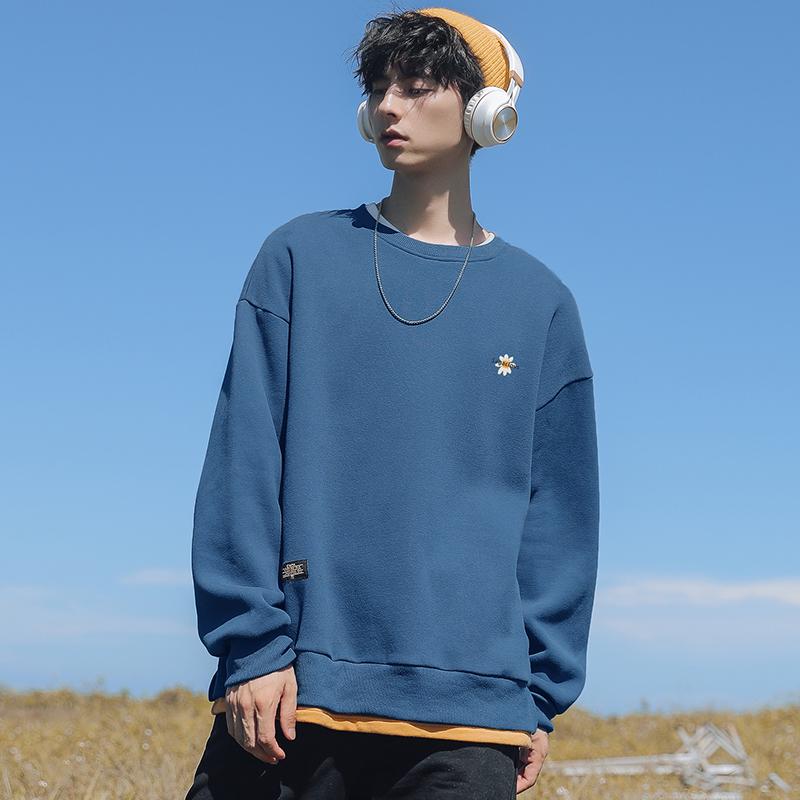 

Man's Embroidered Pullover Fake Two-piece Round Neck Long Sleeve Simple Style Men's Shirt Trendy Street Pullover 2020 Winter, Black