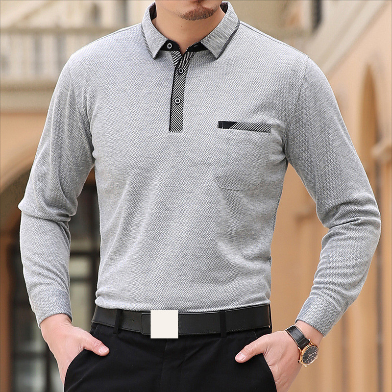 

2020 Brand New Men's T-shirt Pinstripe Pocket Long-sleeved T-shirt for Male Cotton Middle-aged Tops T-shirt, Light gray