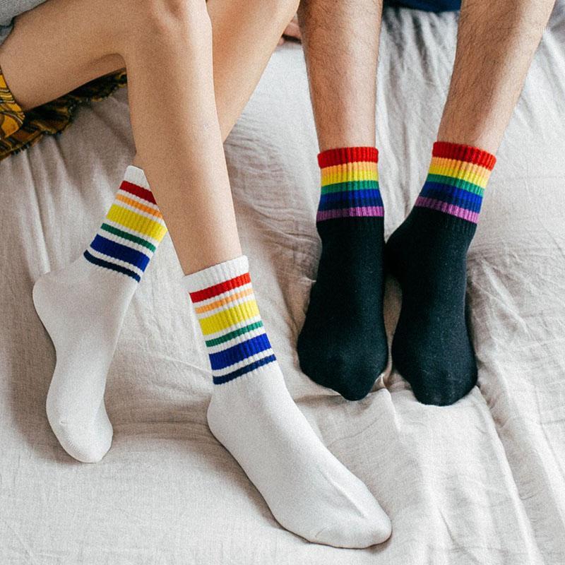 

Rainbow Striped Socks Cool Men Women Lover Socks Absorb Sweat Cotton Xmas Gifts Sports Women's Rainbow TSLM11, White 1