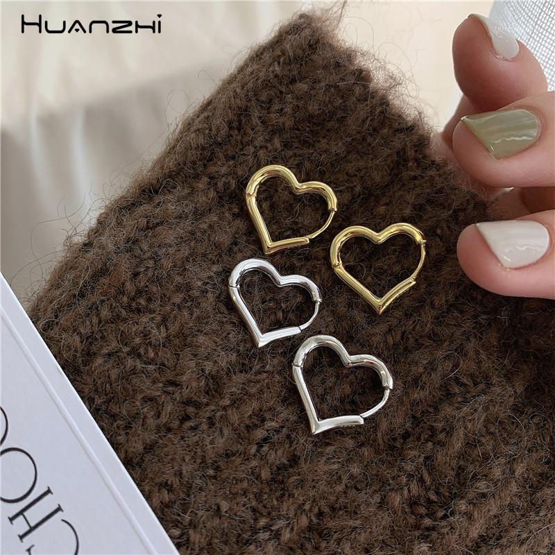 

Hoop & Huggie HUANZHI 2021 Heart-shaped Geometric Earrings Gold Silver Color Metal For Women Girls Party Jewelry Gifts1