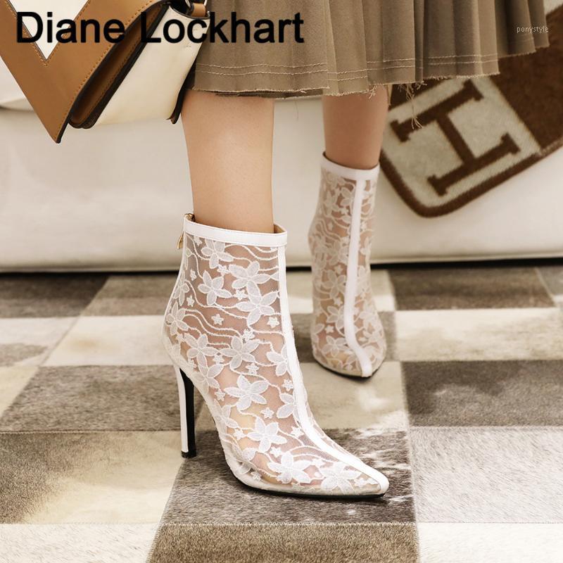 

Elegant Mesh Women Boots Floral Thin High Heels Ankle Pointed Toed Party Wedding Lace Shoes Ladies Stiletto 2020 New Size 33-451, Sky blue