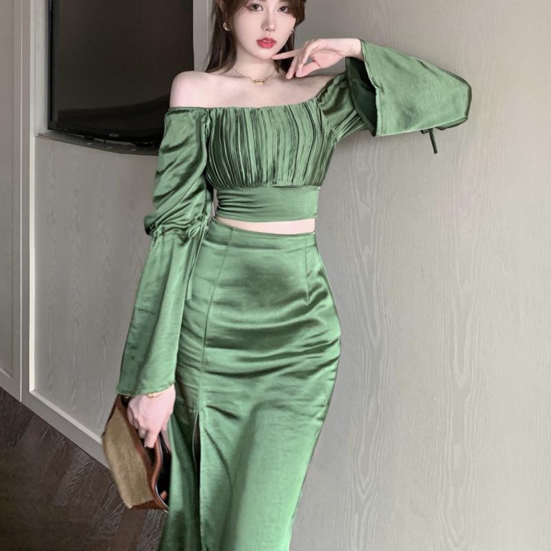 

Work Dresses 2 Piece Set Women Vacation Outfits Sexy Cropped Blouse Shirts + High Split Long Skirts Sets All Matching Crop Top Skirt Suits, White;black