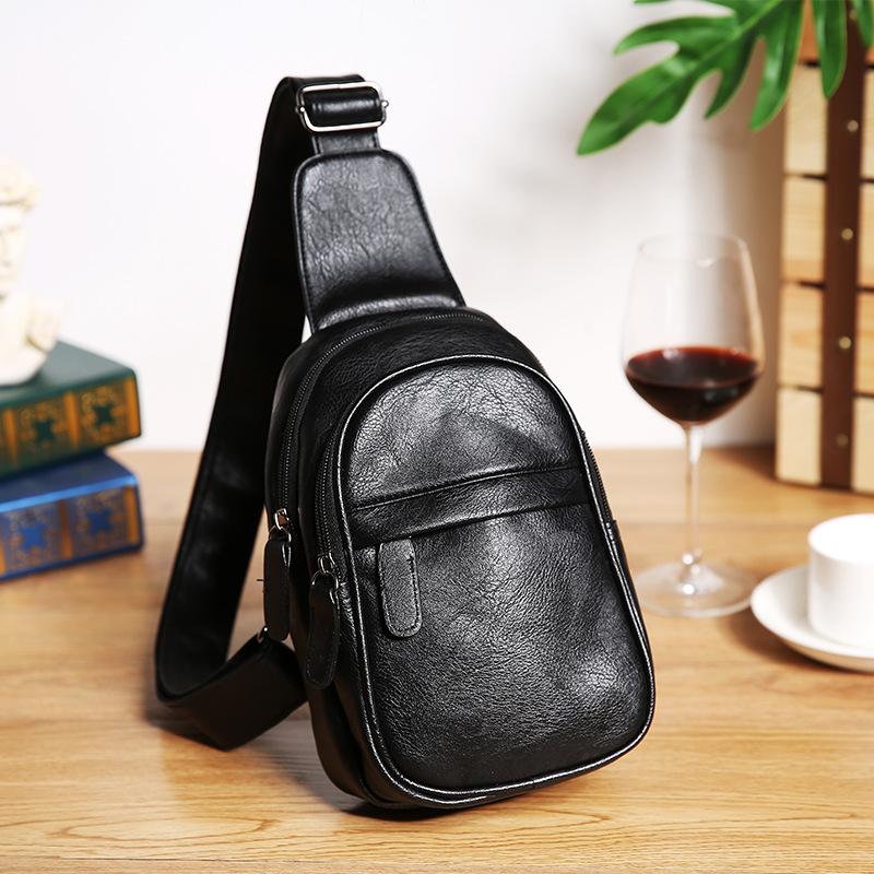 

New Style Youth Men's Bag Bag Simple Outdoor Shoulder New Style knapsack Street Hide Substance Small Chest, Black