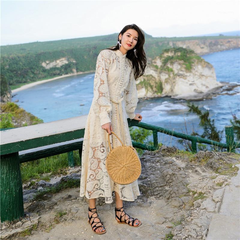 

Vintage Autumn Braided Belt Woman's Dress Hollow Out Lace Embroidery Long Puff Seeve Apricot Maxi Dress Beach Dresses Luxury1, Xaq611