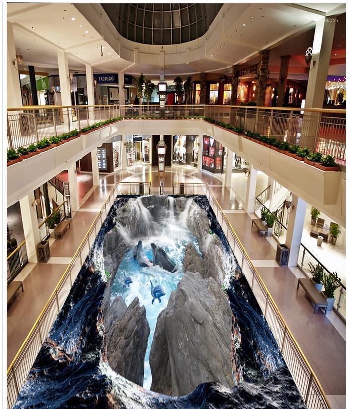 

3D valley cliff waterfall sea dolphin bathroom walkway 3D floor pvc wallpaper flooring1, As pic