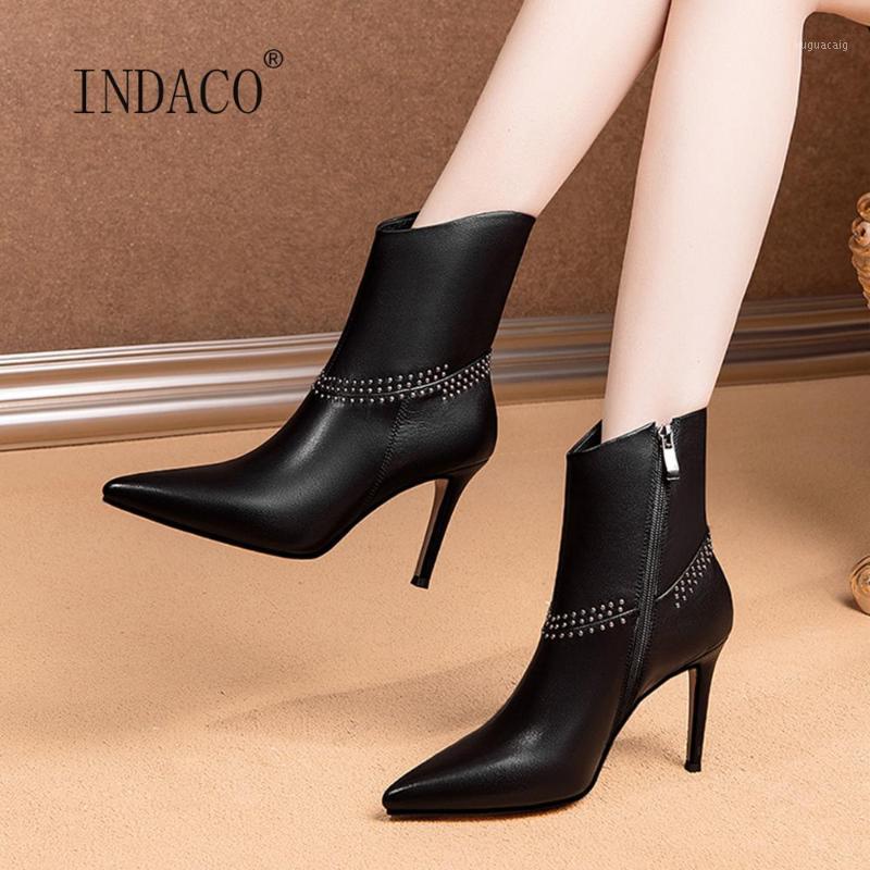 

High Heels Leather Boots Women 2020 Winter Pointed Toe Ankle Boots For Women Side Zip Warm Luxury Shoes Thin Heel 9cm1, Black warm