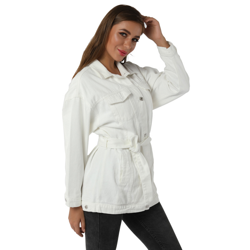 

2021 Lapel Loosely White Casual Fashion Woman' Bandage Female Jacket Denim Ztaq