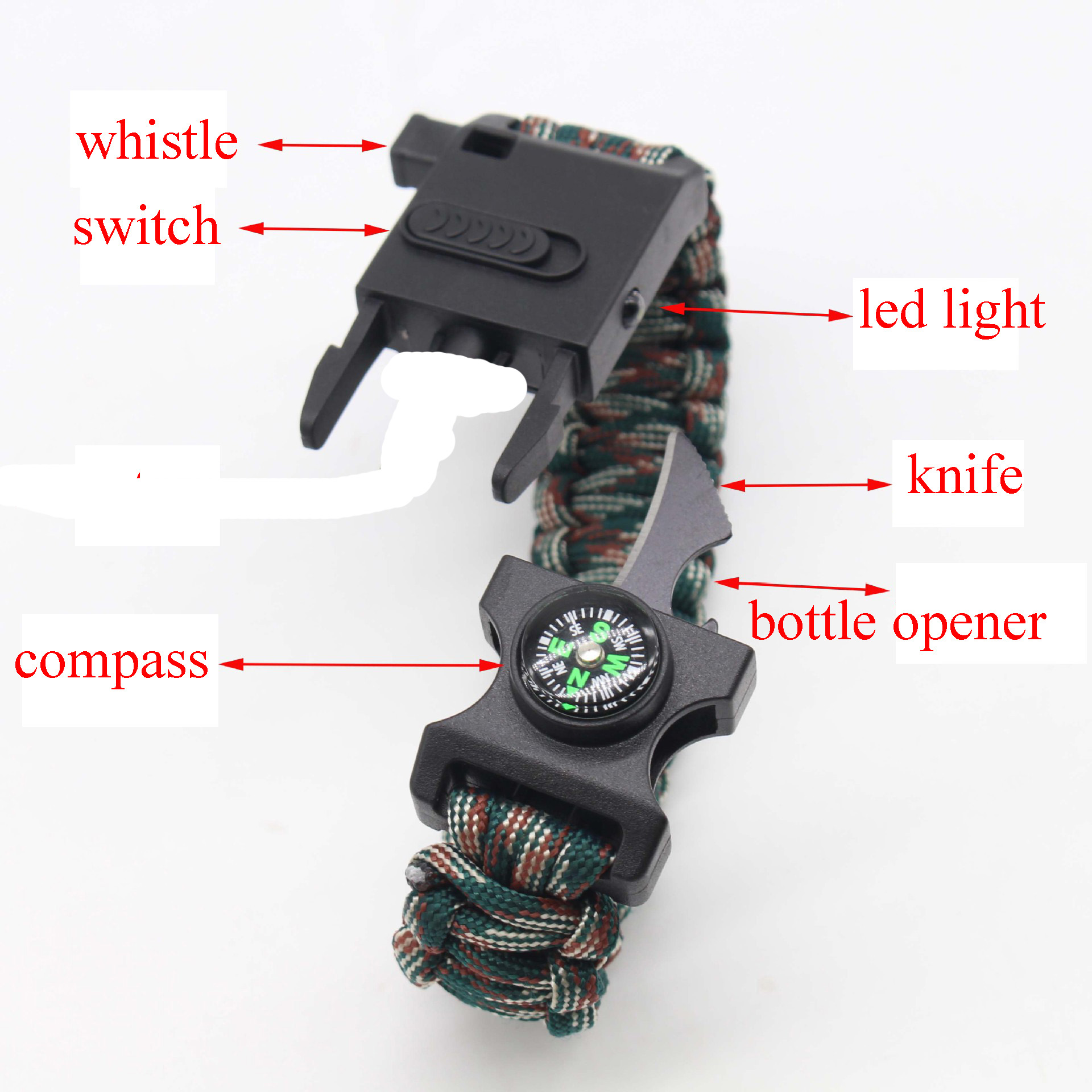 

2021 Latest multifunction Outdoor Survival Bracelet Parachute Cord Emergency Paracord Camping Bracelet with Led Light