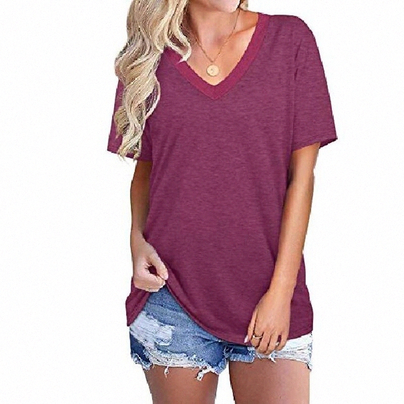 aokosor womens t shirts v neck summer tops short sleeve plain loose casual tee fuchsia size 6-8 F9Hc#