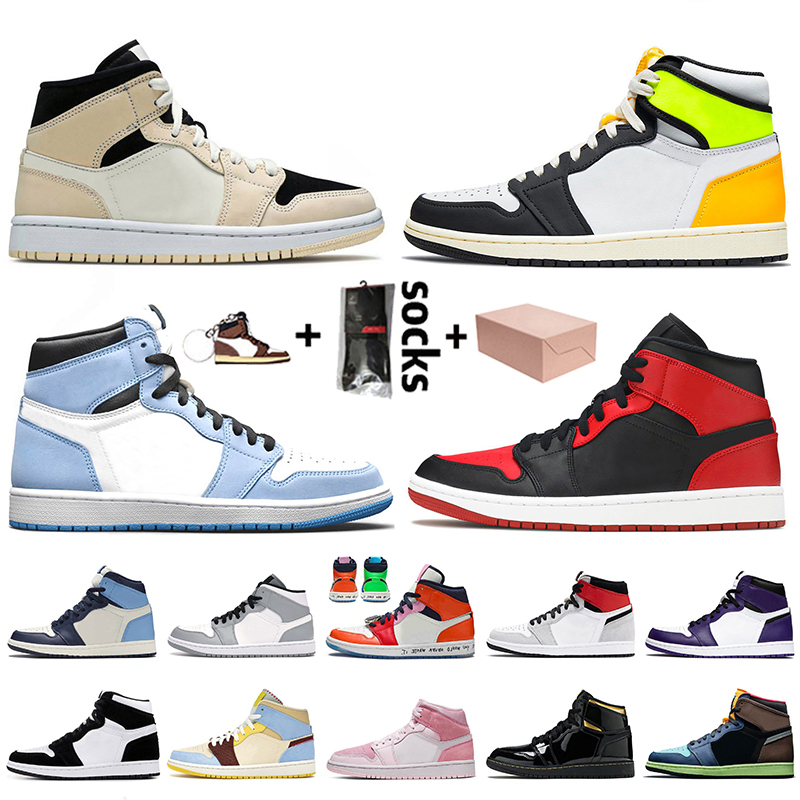 

With Box Jumpman 1 1s Women Mens Boots Shoes High OG Volt Mid Barely Orange University Blue Bred Obsidian Twist UNC Trainers Sneakers