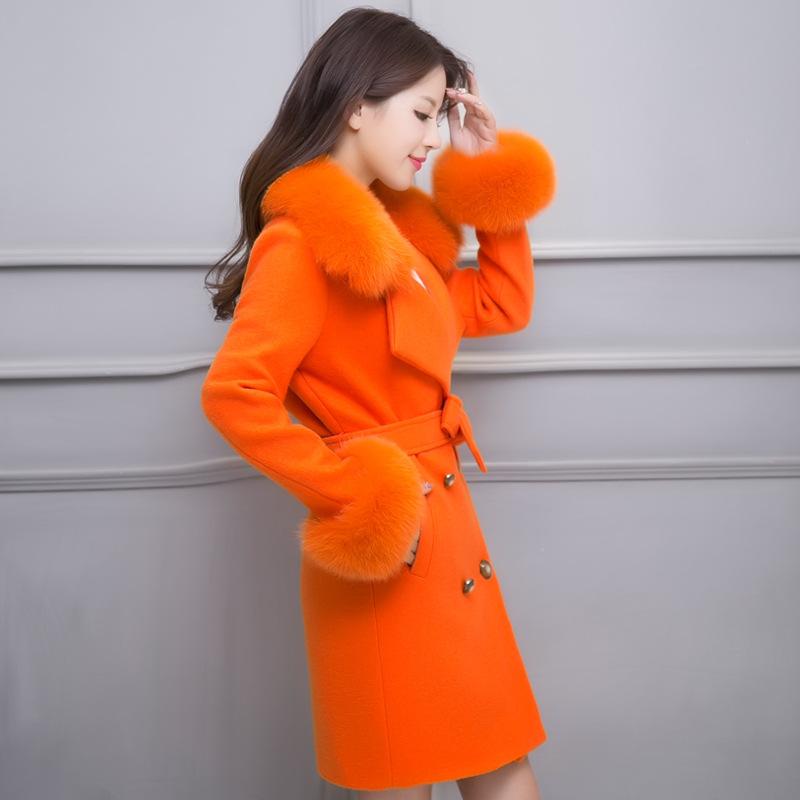 

New winter 2020 women' gathered waist woolen coat collar solid color medium length woolen coat, Pink