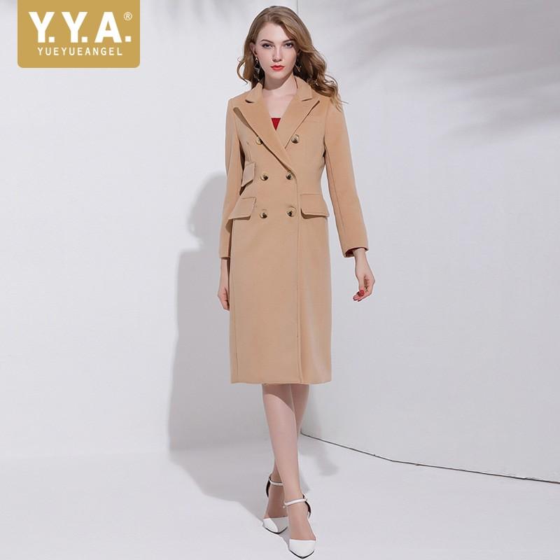 

Autumn High Quality Slim Fit Long Wool Coat Female Double Breasted Turn-Down Collar Cashmere Woman Outerwear Elegant Runway Coat, Camel