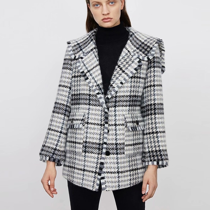 

2021 New Autumn Winter Women Plaid Coat Jacket Casual High Quality Warm Soldier Collar Overcoat Fashion Long Sleeve Single-breasted Coats Vr