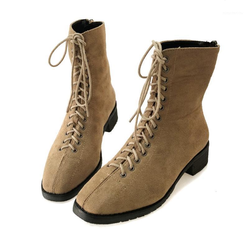 

2020 New Women Shoes Boots Cross Tied Lace Up British and Korean Style Short Ankle Boots Thick Low Heeled Casual1, Beige