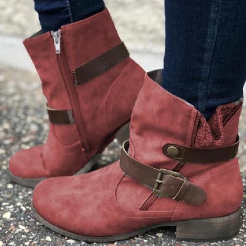 

PU Leather Ankle Boots Women Autumn Winter Square Heels Platform Ladies Sexy Buckle Strap Motorcycle Boots Female Botas Mujer, Blue