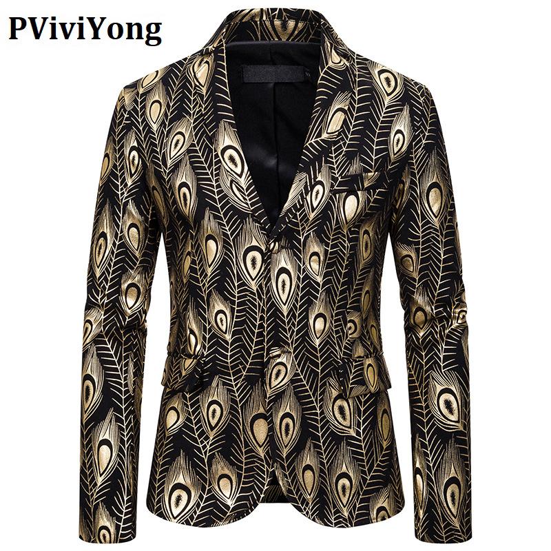 

PViviYong 2020 high quality suits blazer men slim fit feather printing suit jacket men European size X129, Gold