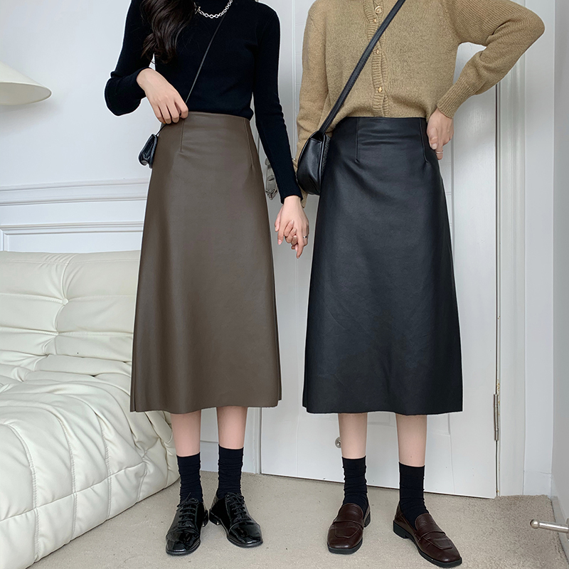 

2021 New Spring Pu Faux Leather High Waist Vintage A-line Chic Mid-calf Umbrella Split Skirt I0z5, Khaki