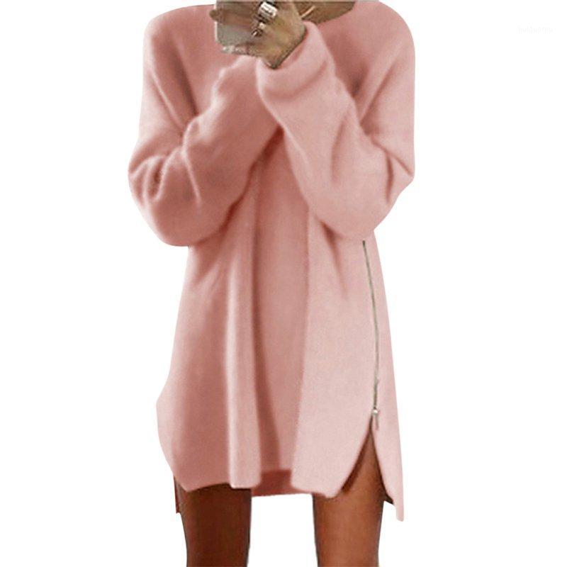 

Wholesale-Fashion Lady Knitwear Women Long Sleeve Zipper Side Jumper Winter Knitted Plus Size Split Sweater Loose Tunic Mini Dresses X21, Pink