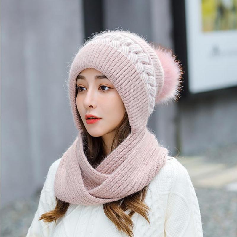 

New Women Multifunction Scarf Hat Girl Winter Sweet Lovely Neck Protector Warm Beanies Cap Riding Ear Protection Warm Scarf Set, Black