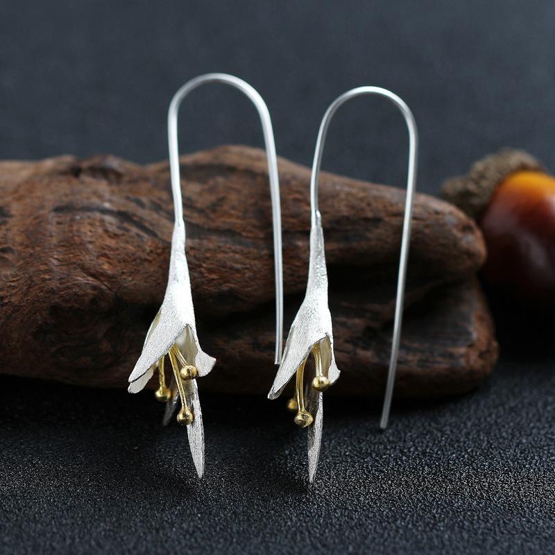 

Cute Female Small Lotus Flower Earrings Fashion 100% Real 925 Sterling Silver Earrings Boho Hanging Dangle For Women