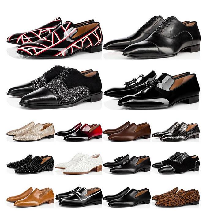 

New mens loafers shoes red bottoms black white brown Bred suede Patent Leather Rivets glitter fashion Dress Wedding Business size 39-46