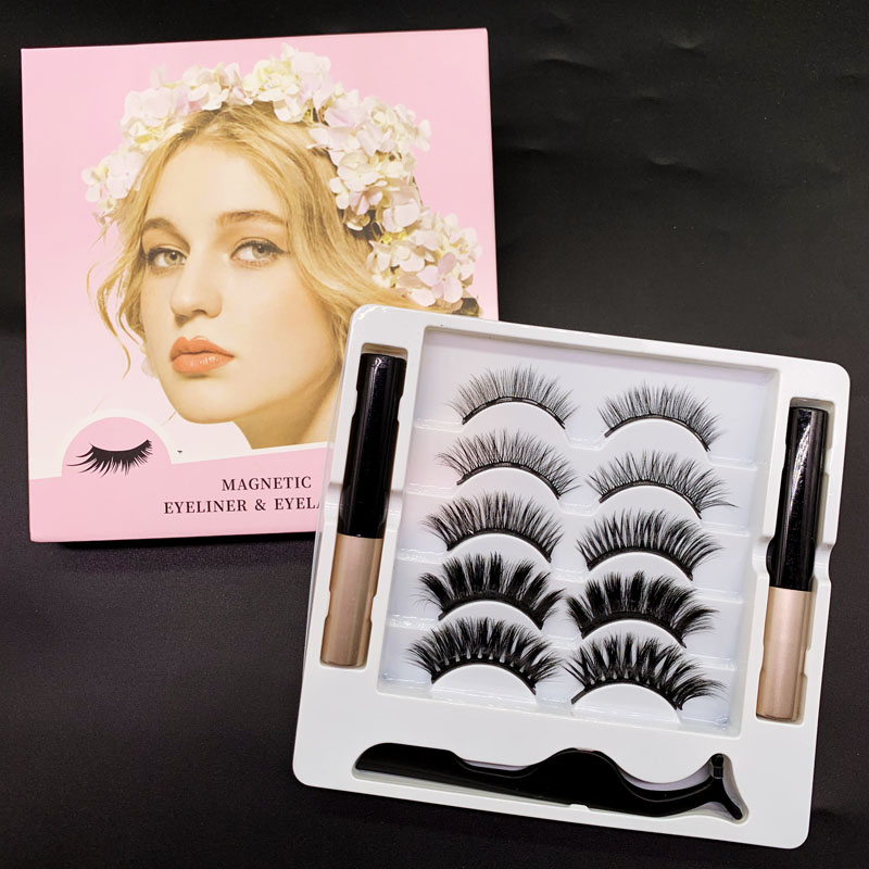 

Magnetic Eyelashes with Eyeliner Kit 5 Pairs Reusable Lashes with 2 Magnetic Eyeliner and Tweezer False Eyelashes Thick Cross Natural Look
