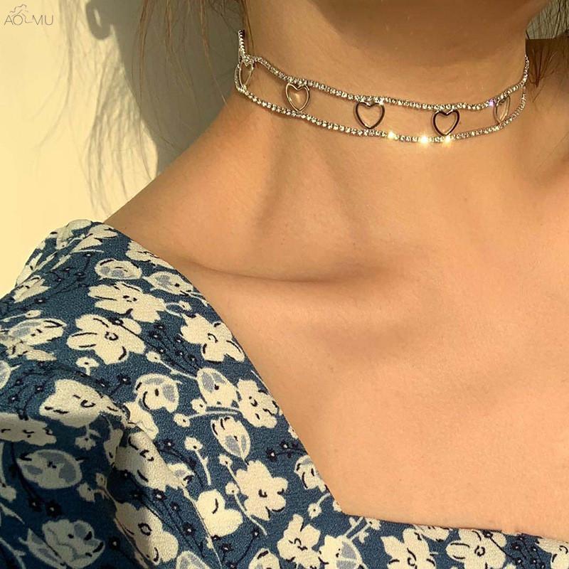 

AOMU 2021 Korea Fashion Shiny Double Layer Hollow Heart Metal Chocker Necklace For Women Party Jewelry Romantic Gifts