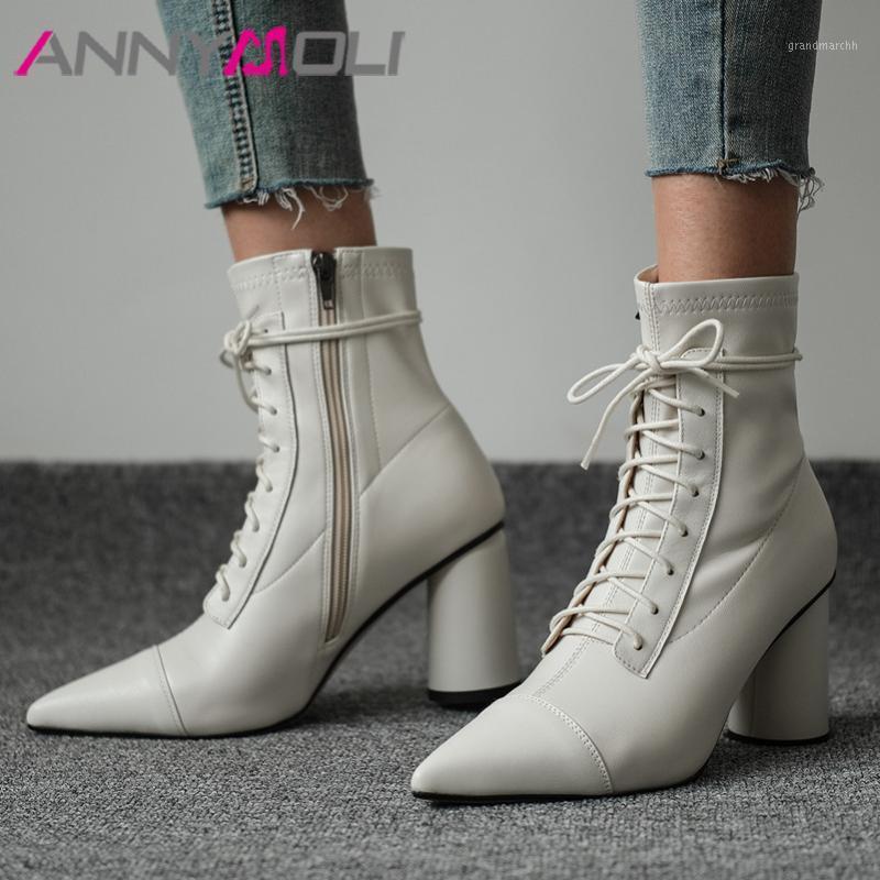 

ANNYMOLI Real Leather High Heel Short Boots Women Shoes Pointed Toe Block Heels Zip Lace Up Ankle Boots Autumn Winter Black 401, Black synthetic lin
