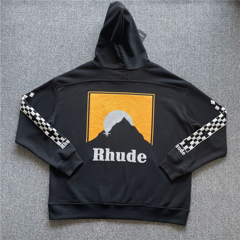 

Vintage Black Rhude Mountain Fashion Hoodie Men 1:1 Best Quality Sleeve Checker Women Hooded Sweatshirts Pullovers