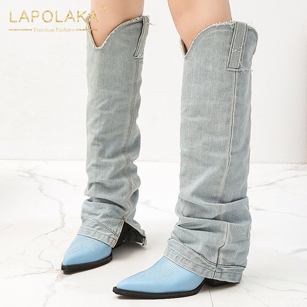 

Lapolaka New Fashion Western Denim Boots Woman Shoes Pointed To high-heeled Spring Autumn Shoes Ladies Knee High Boots, Black