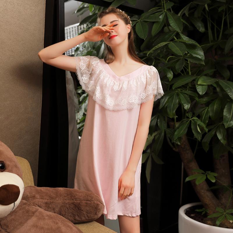 

Roseheart Women Female Cotton Pink Sexy Sleepwear Homewear Night Dress Lace Nightwear Nightgown Luxury Gown Night Dress