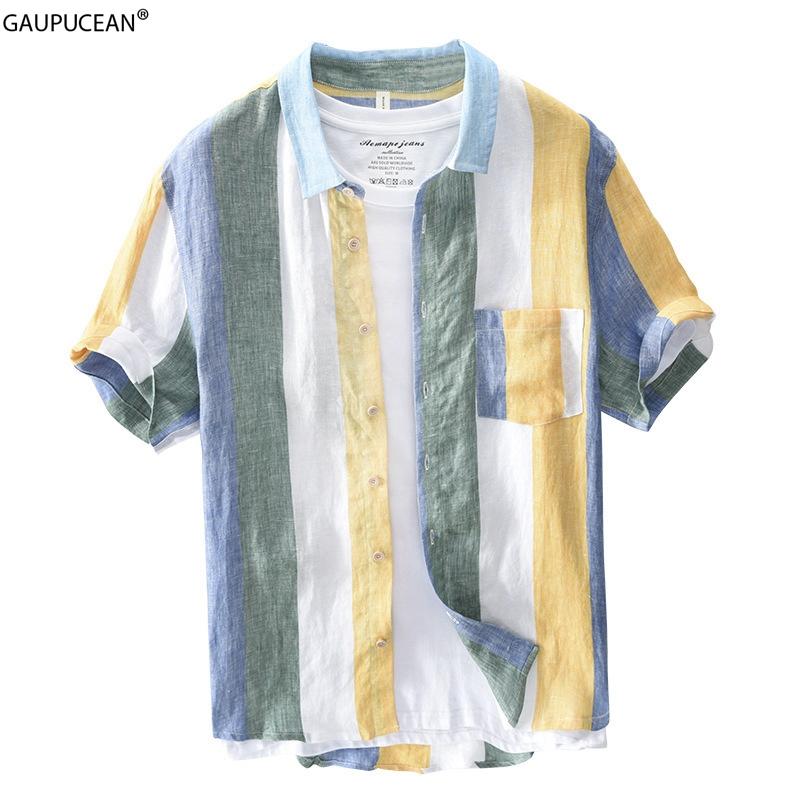 

100% Linen Cool Breathable Anti-static Anti-radiation Quality Man Shirt Summer Beach Male Striped Casual Short Sleeve Men Shirts, Yellow