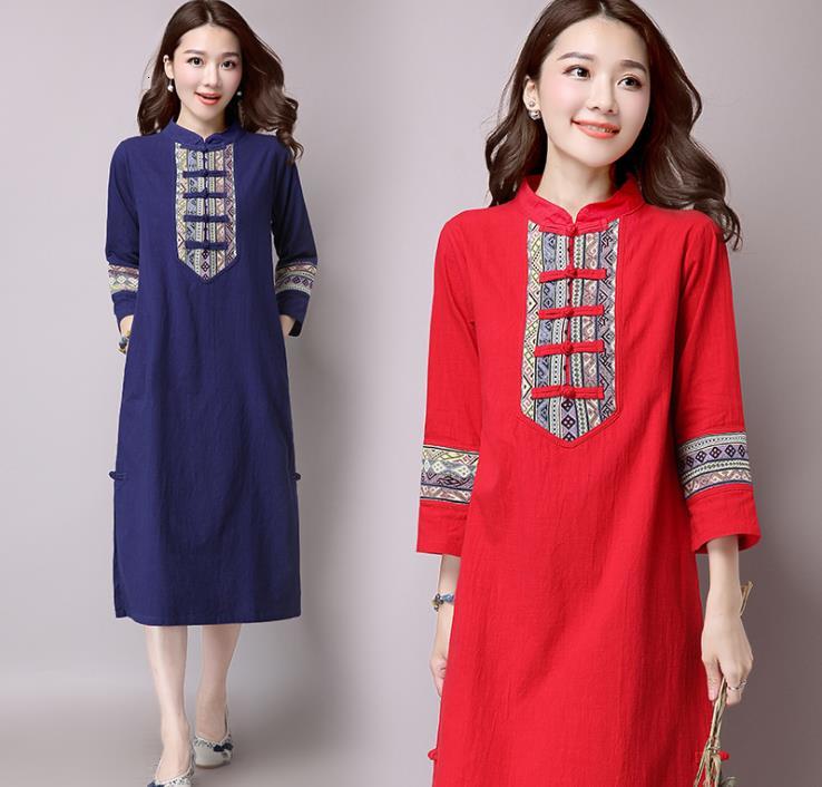 

Cotton Linen Dress Women New Color Match Embroidery Long Section 5fgk, Red.