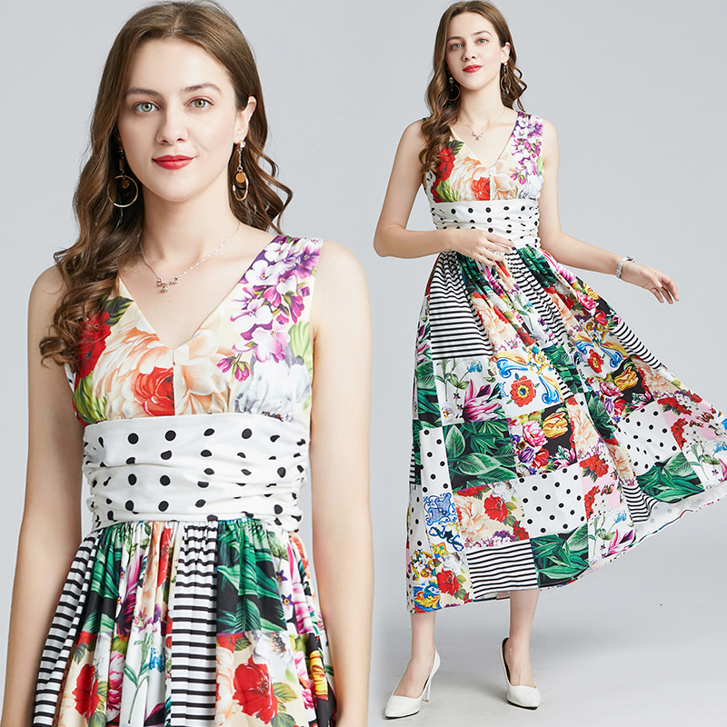 

New Merhcall 2021 Summer Fashion Runway Midi Women' V-neck Sleeveless Multicolor Print Ruched Waist Slim Beach D53b, The picture color