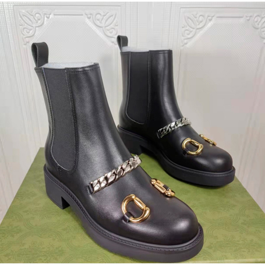 

Luxury Designer Women Short Tube Boots Metal Chain Shoe Horsebit Metal Design Ankle Boots High Quality Leather Females Shoes fbdfb, Black