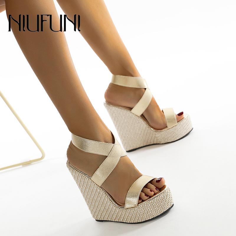 

Wedge Sandals Women Gladiator Plus Size 35-42 Platform Peep Toe High Heels Women Slippers Golden Roman Shoes For NIUFUNI, Gold