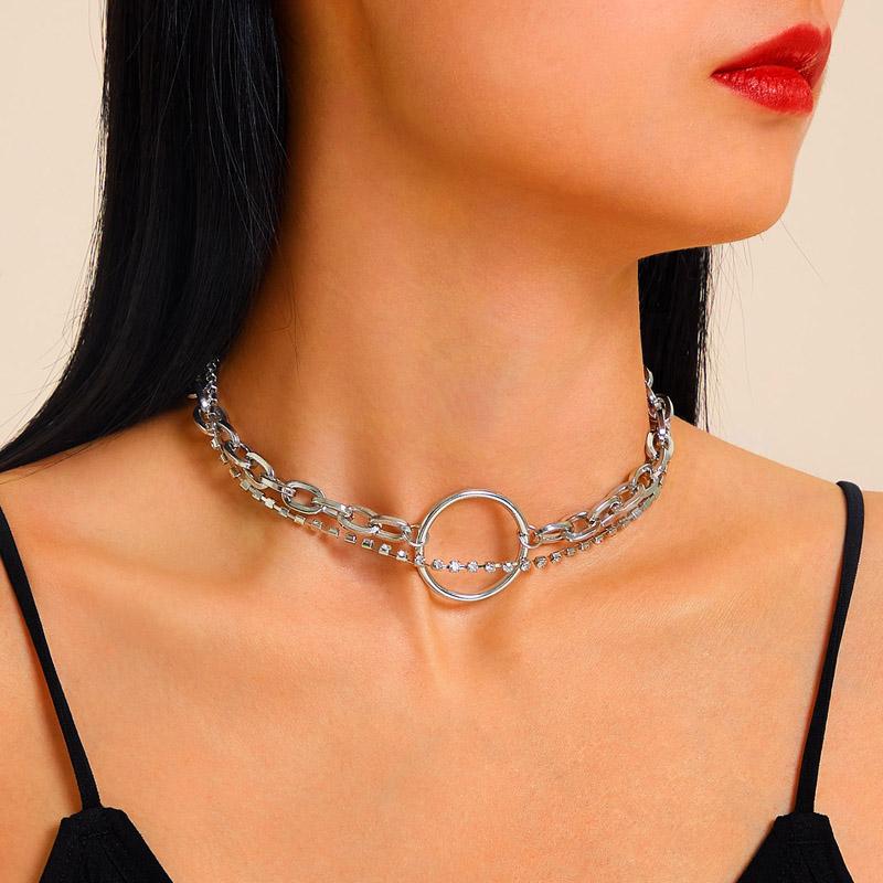 

HuaTang Punk Tennis Crystal Circle Necklace for Women Double Layer Silver Color Guba Clavicle Chain Ladies Party Choker Jewelry