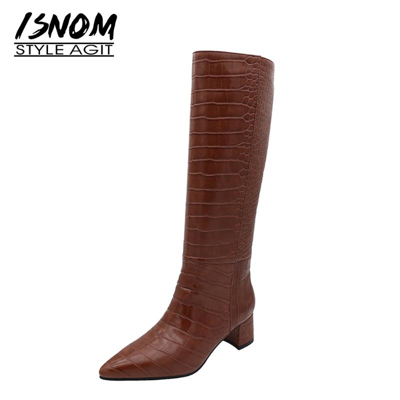 

ISNOM Women Genuine Leather Knee Boots Fashion Crocodile Pattern Chunky High Heels Square Toe Shoes Long Winter Boots 2020 New, Brown