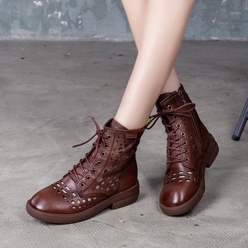 

Women 's Leather Sandals Boots Lace Up 2020 New Hollow Baotou High-Top Square Sandals Non-slip Wear-resistant1, Beige