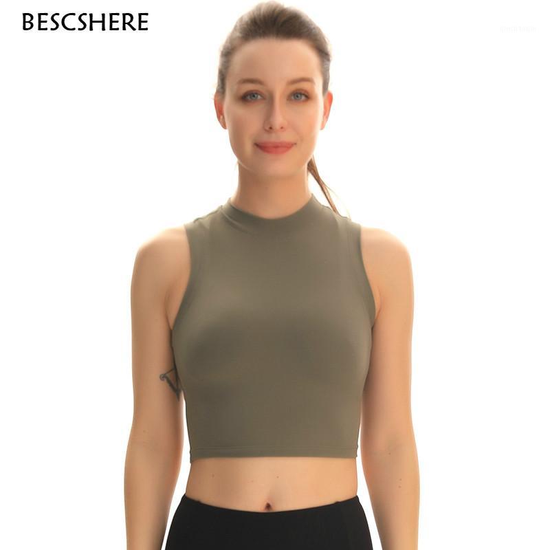 

BESCSHERE High-Neck Plain Gym Fitness Sport Crop Tops Vest Women Stretchy Nylon Running Yoga Tank Tops without Padded 4-121, Black
