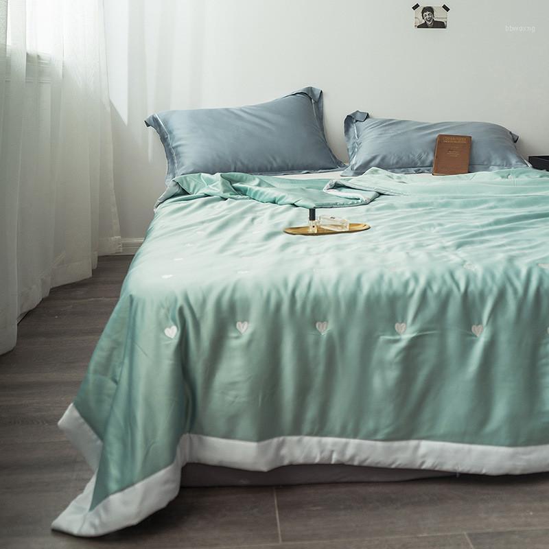 

Tencel Embroidered Summer Quilt Air Conditioner Blanket Solid Love Embroidery Thin Quilt Double Soft Breathable Home Textile1, Pink