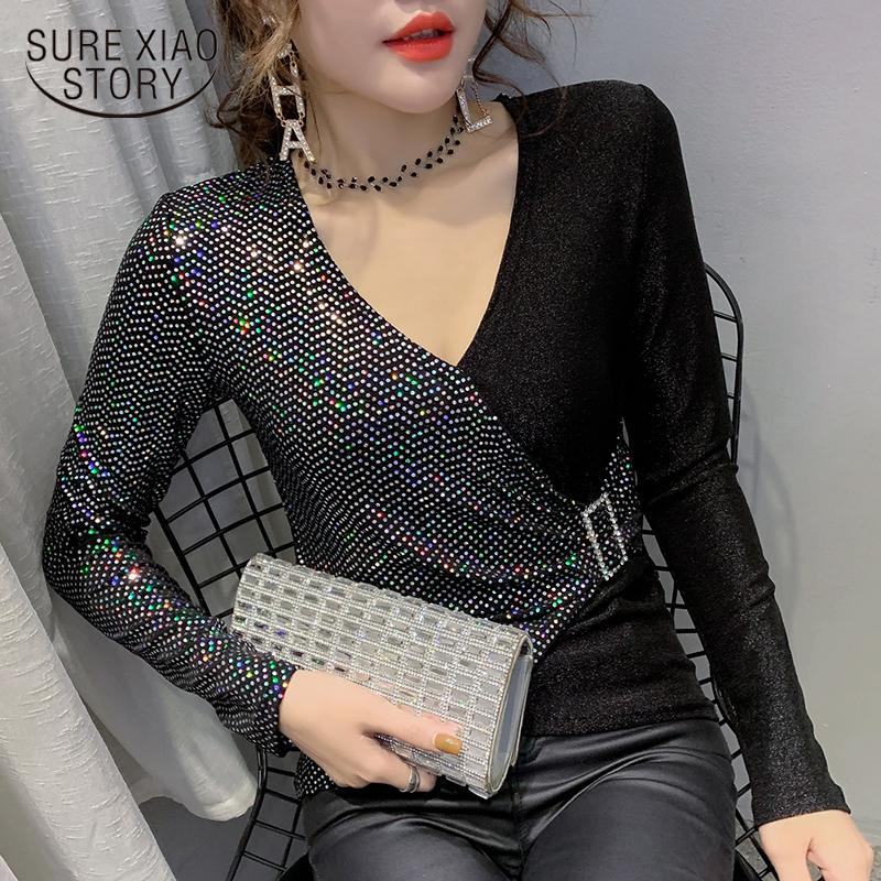 

Women's Blouses & Shirts Sequin Spliced Slim Fashion Long Sleeve 2022 Spring And Autumn V-Collar Bottom Female Tops 8040, White
