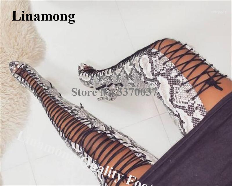

Linamong Western Style Peep Toe Snake Leather Stiletto Heel Over Knee Gladiator Boots Lace-up Cut-out Long High Heel Boots1, Customize colors