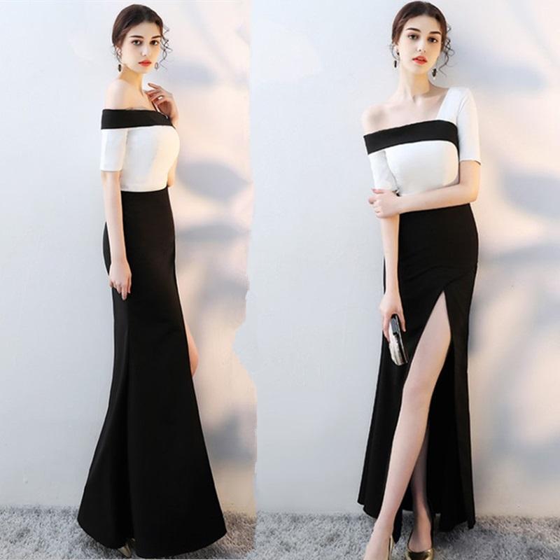 

White Black Patchwork Robe Soiree Sexy Slit Evening Gown Elegant Prom Ceremony Costume Banquet Vestido 2020 Party Dress TS150