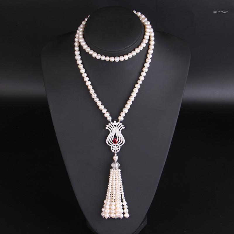 

Freshwater Pearl Zircon Pendant Sweater Chain Long Necklace1