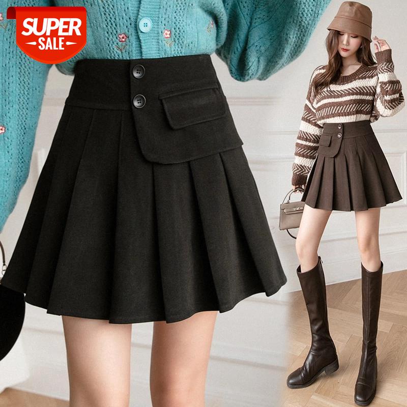 

JXMYY Pleated skirt women autumn/winter 2020 fashion new high waist thin a-line skirt short irregular woolen #XB23, White;black