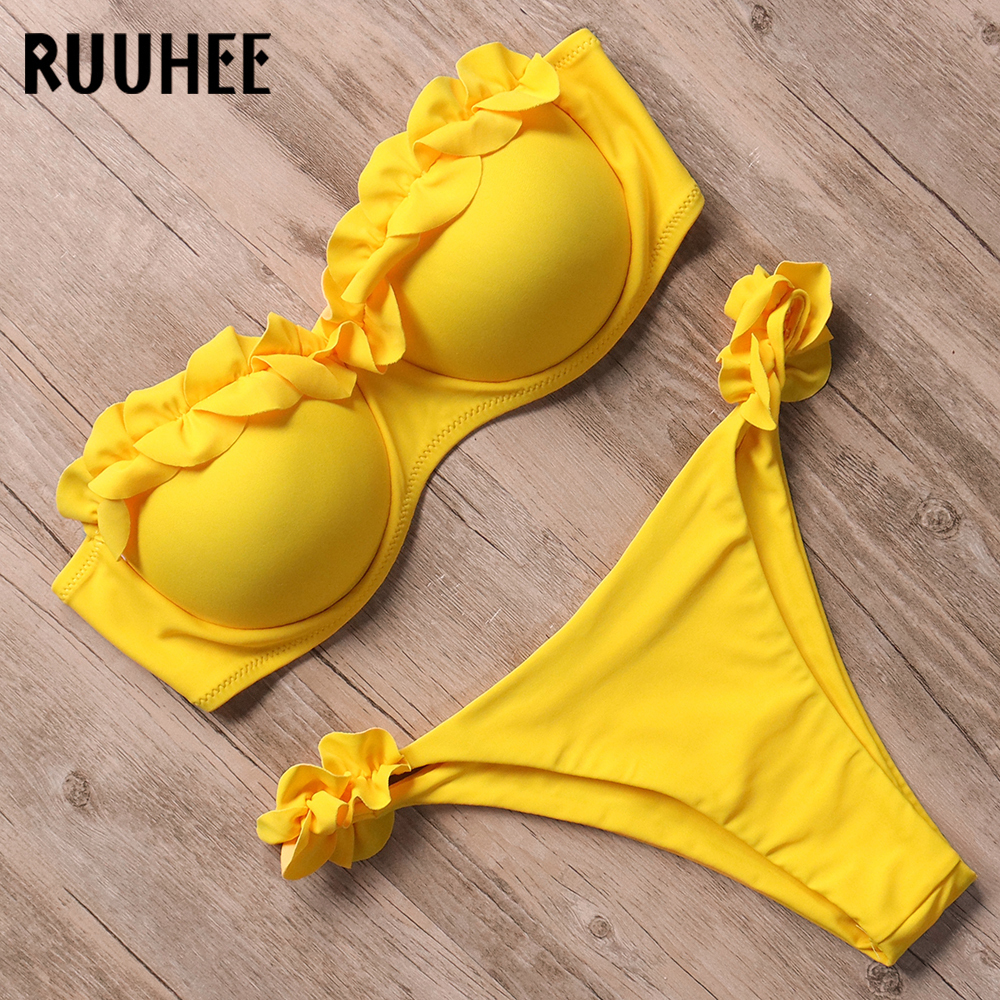 

RUUHEE Bandeau Swimwear Women Sexy Ruffle Bikini Set Push Up Bathing Suit Female Brazilian Leopard Swimsuit Y200319, B3860bk