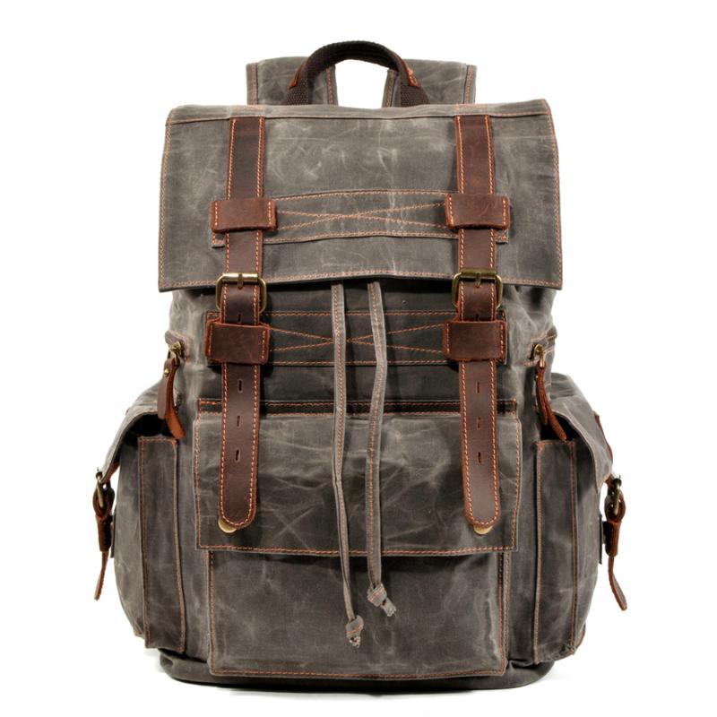 

Hunting Outdoor Classic Waterproof Canvas Rucksacks Backpack Leather Men Women Travel Bag Large Waxed Teenagers Laptop Backpack, Army green
